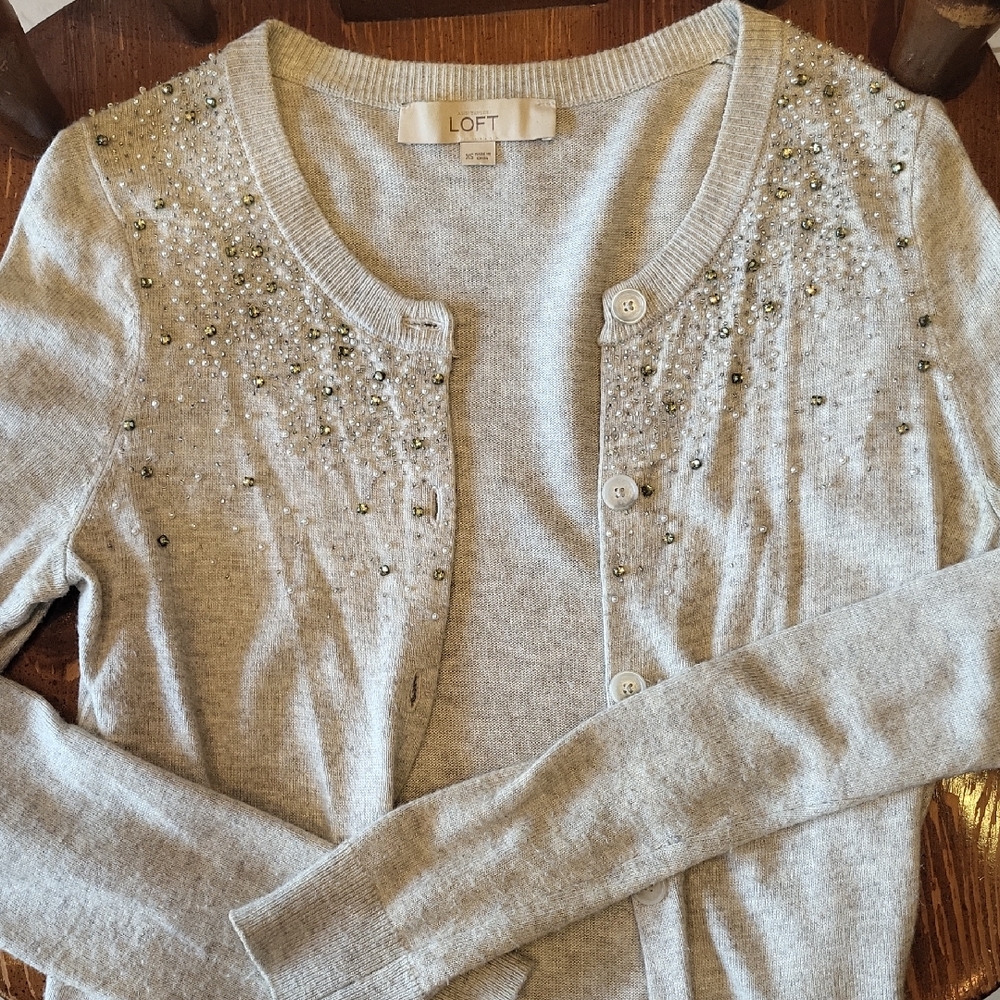 LOFT Women's Light Gray Beaded Cardigan